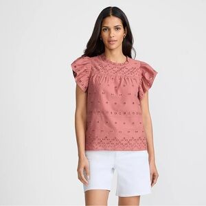 Lands End Eyelet Ruffle Sleeve Popover Top peachy pink size M